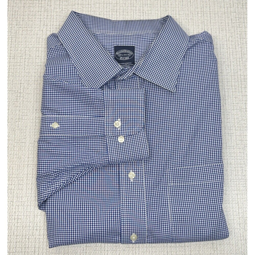 Brooks Brothers Dress Shirt Mens 18.5 34/35 Blue Gingham Non-Iron Stretch Preppy